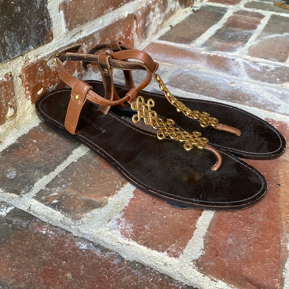 Diane Von Furstenberg Brown Leather Thong Sandals with Gold Accents - Picture 3 of 9